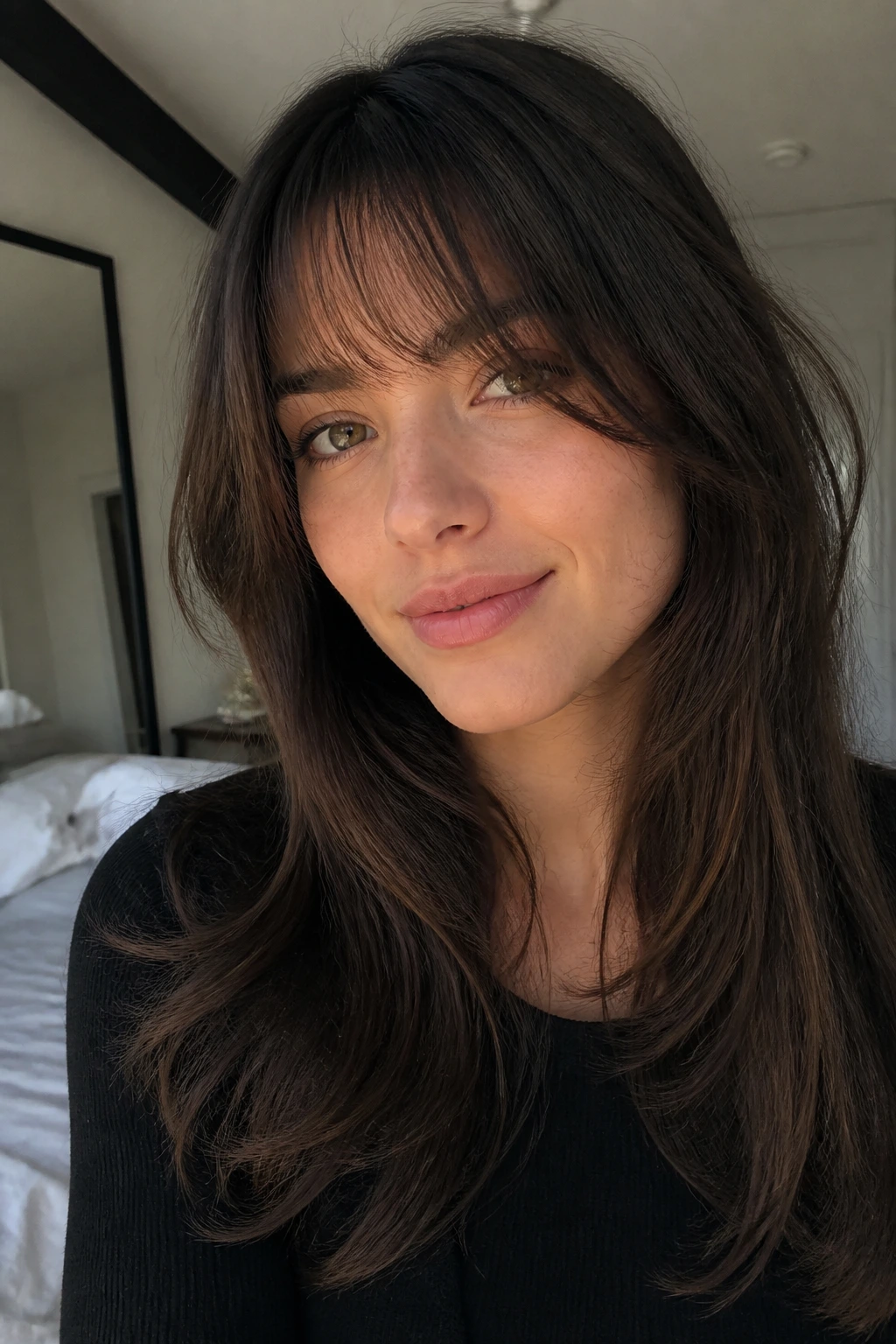 Real woman with wispy bangs and subtle internal layers in soft daylight