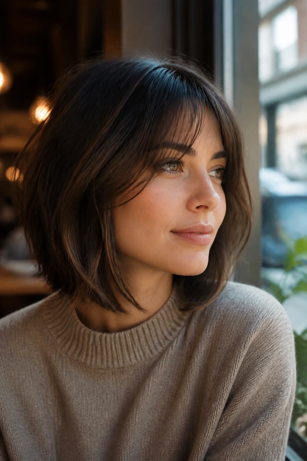 Real woman with wispy curtain bangs and inverted lob in cozy cafe light