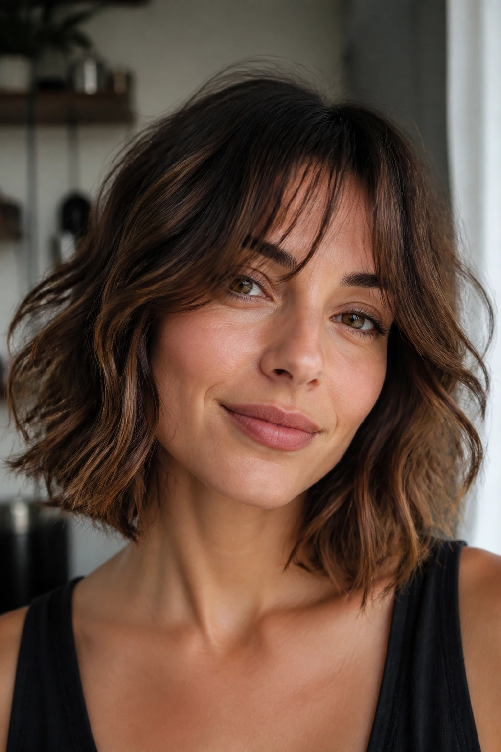 Real woman with wispy bangs and layered bob framing the face