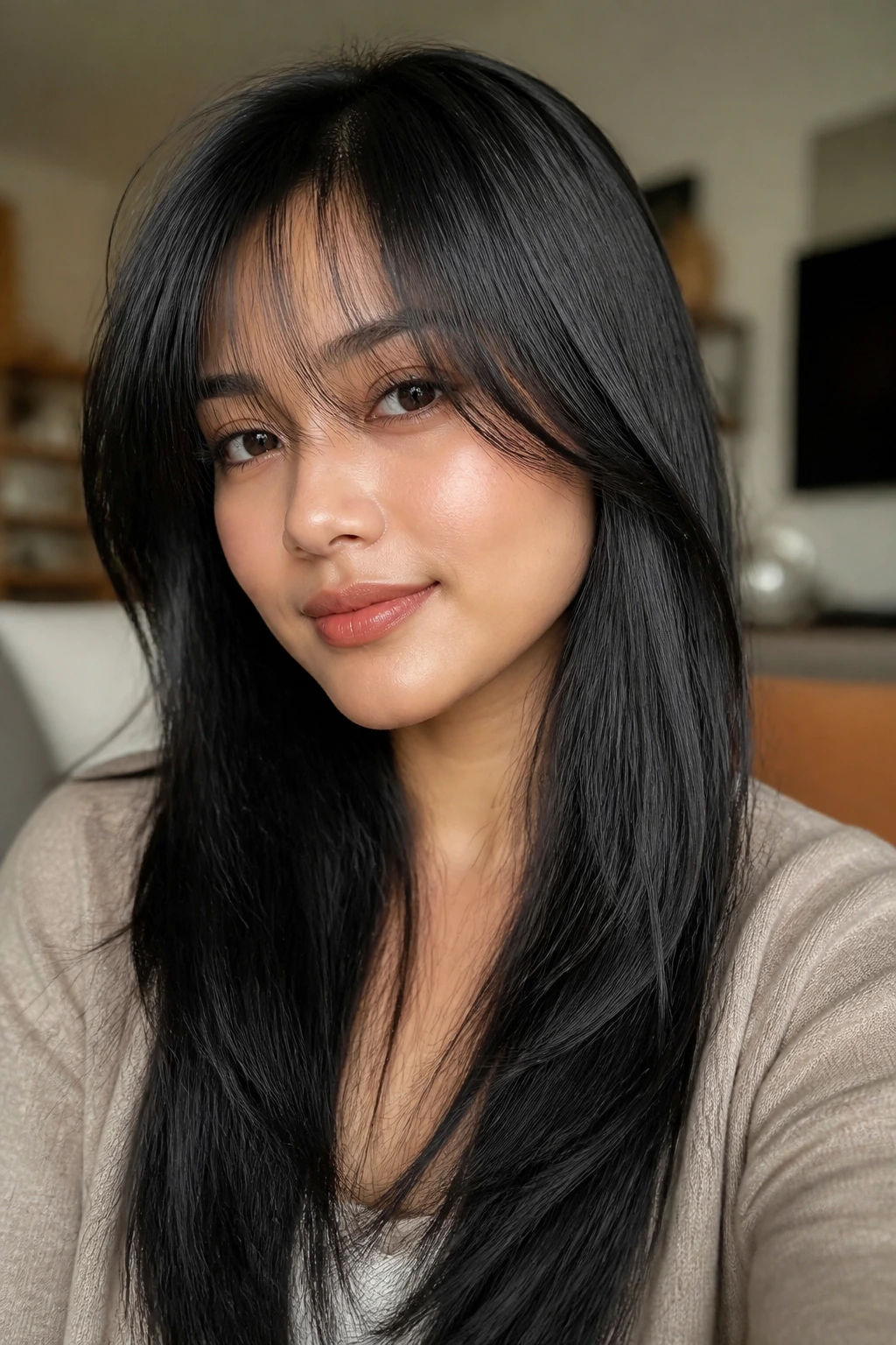 Real woman with wispy bangs blending into long layers in natural light
