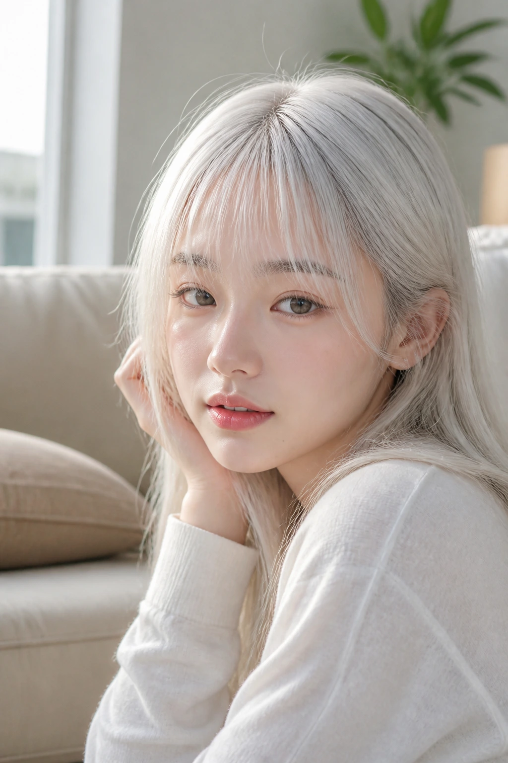 Portrait of Asian woman with wispy see-through bangs and platinum hair