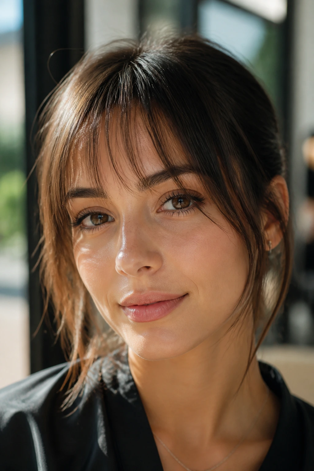 Close-up of a real person with wispy bangs in a sunlit salon