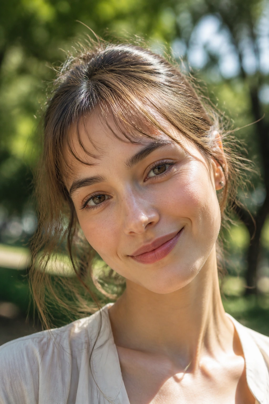 Close-up of a real woman with floating wispy bangs in outdoor light