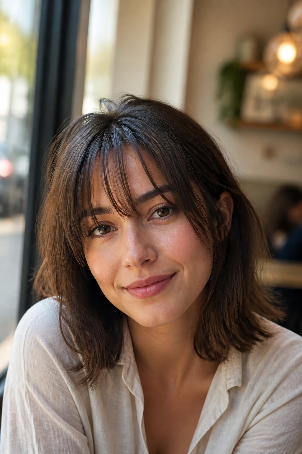 Piece-y wispy bangs on a real woman, close-up portrait showing gaps in a modern, soft fringe