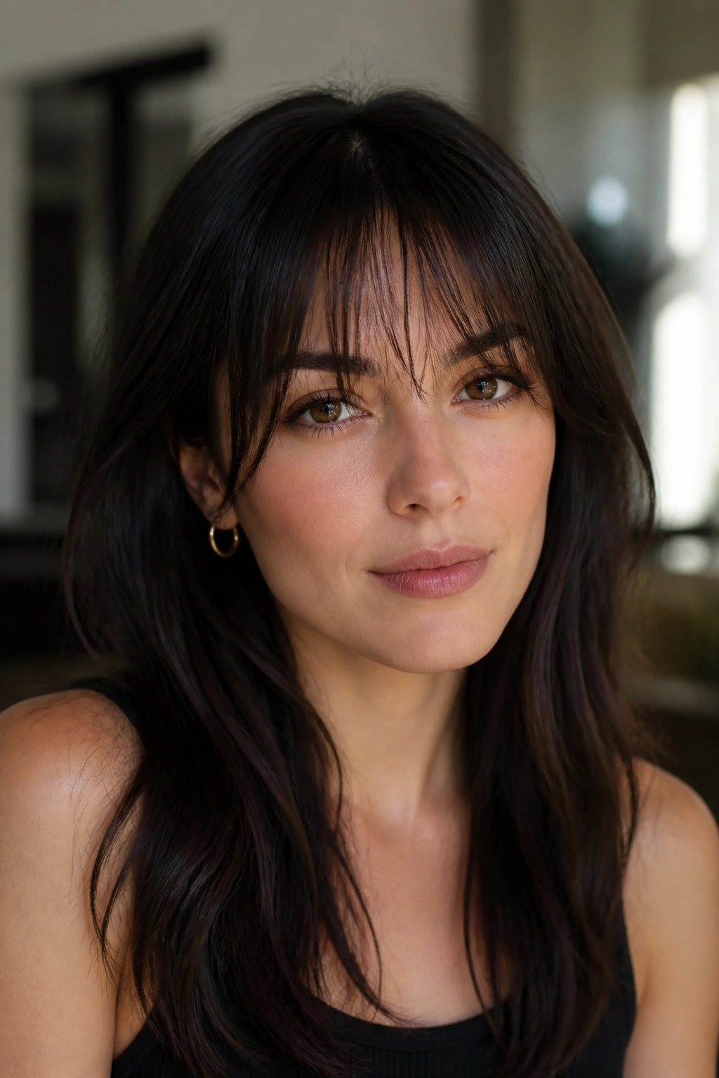 Close-up portrait of a woman with wispy straight bangs