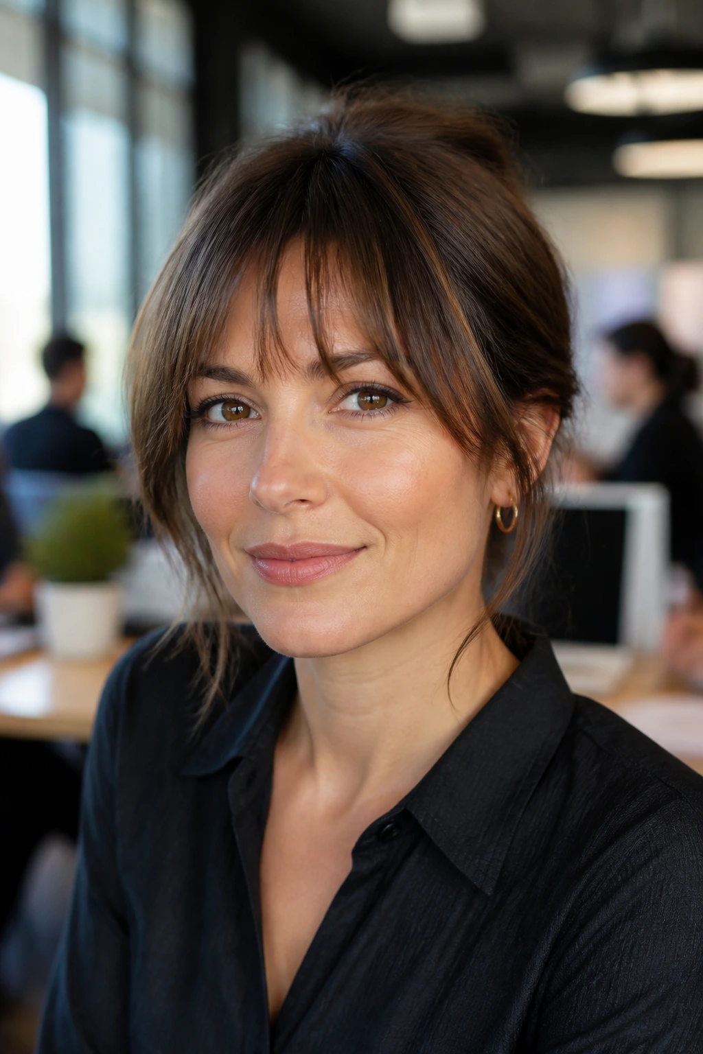 Close-up portrait of a woman with wispy bangs in an office setting.
