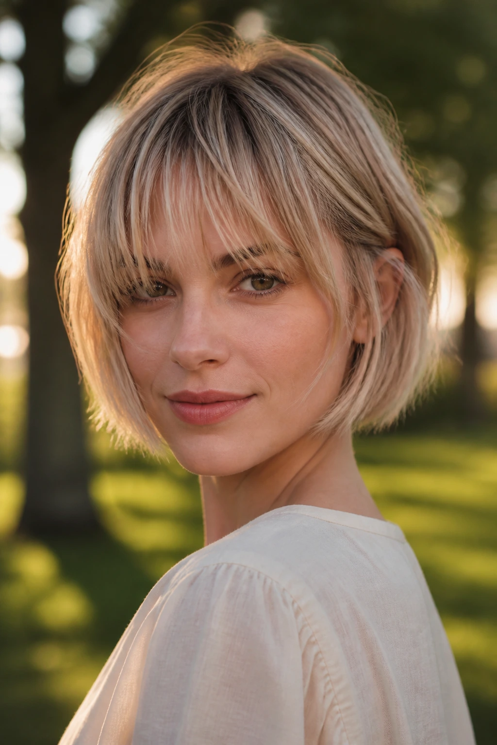 Close-up of a real woman with wispy bangs and sand blonde bob