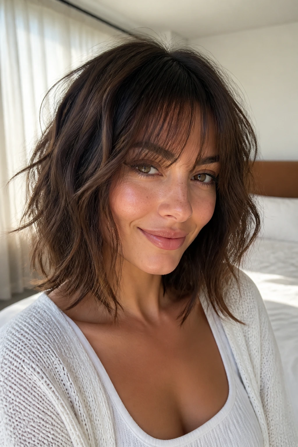 Portrait of a woman with wispy bangs shag in bright bedroom light