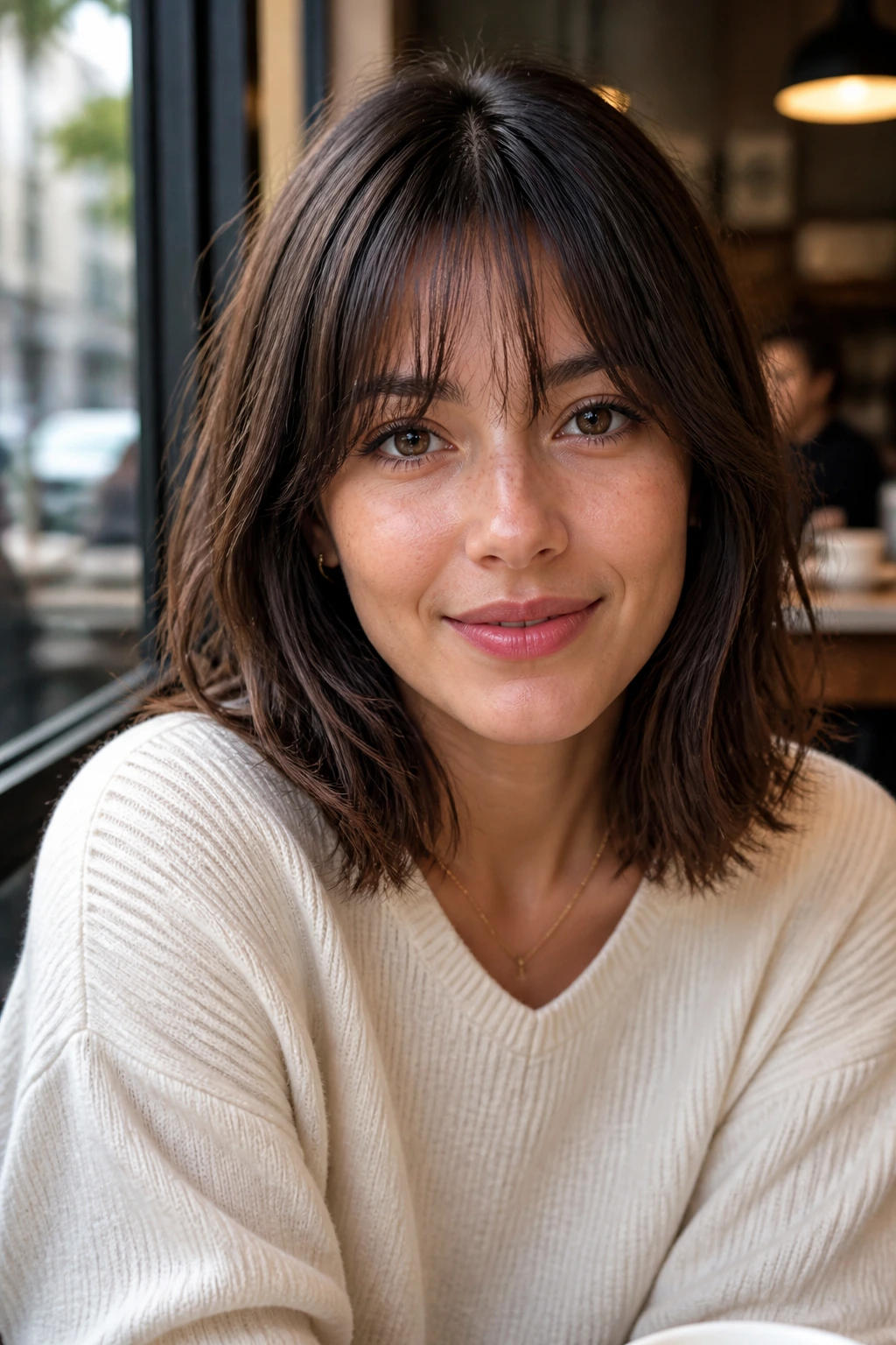 Close-up portrait of a real woman with wispy bangs and shoulder-length cut.