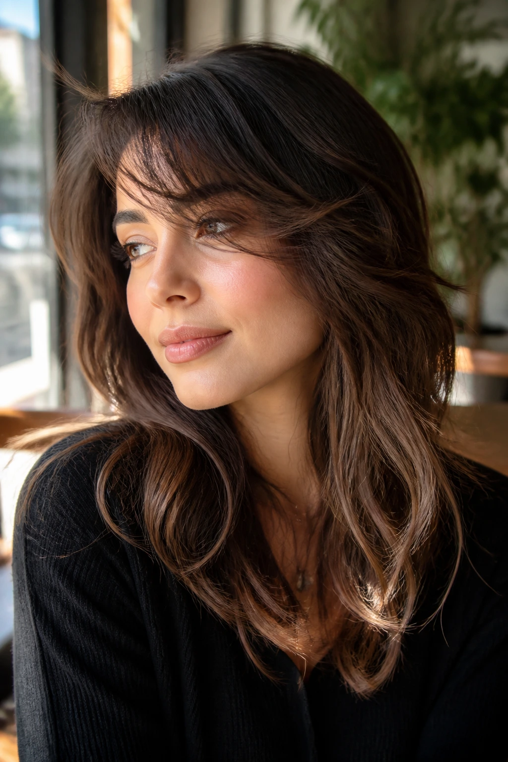Close-up of a real woman with wispy side-swept bangs framing her face.