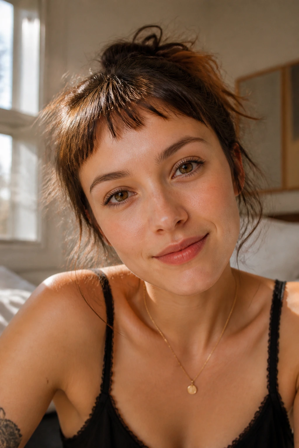 Close-up of a woman with wispy bangs and tiny spikes in warm window light