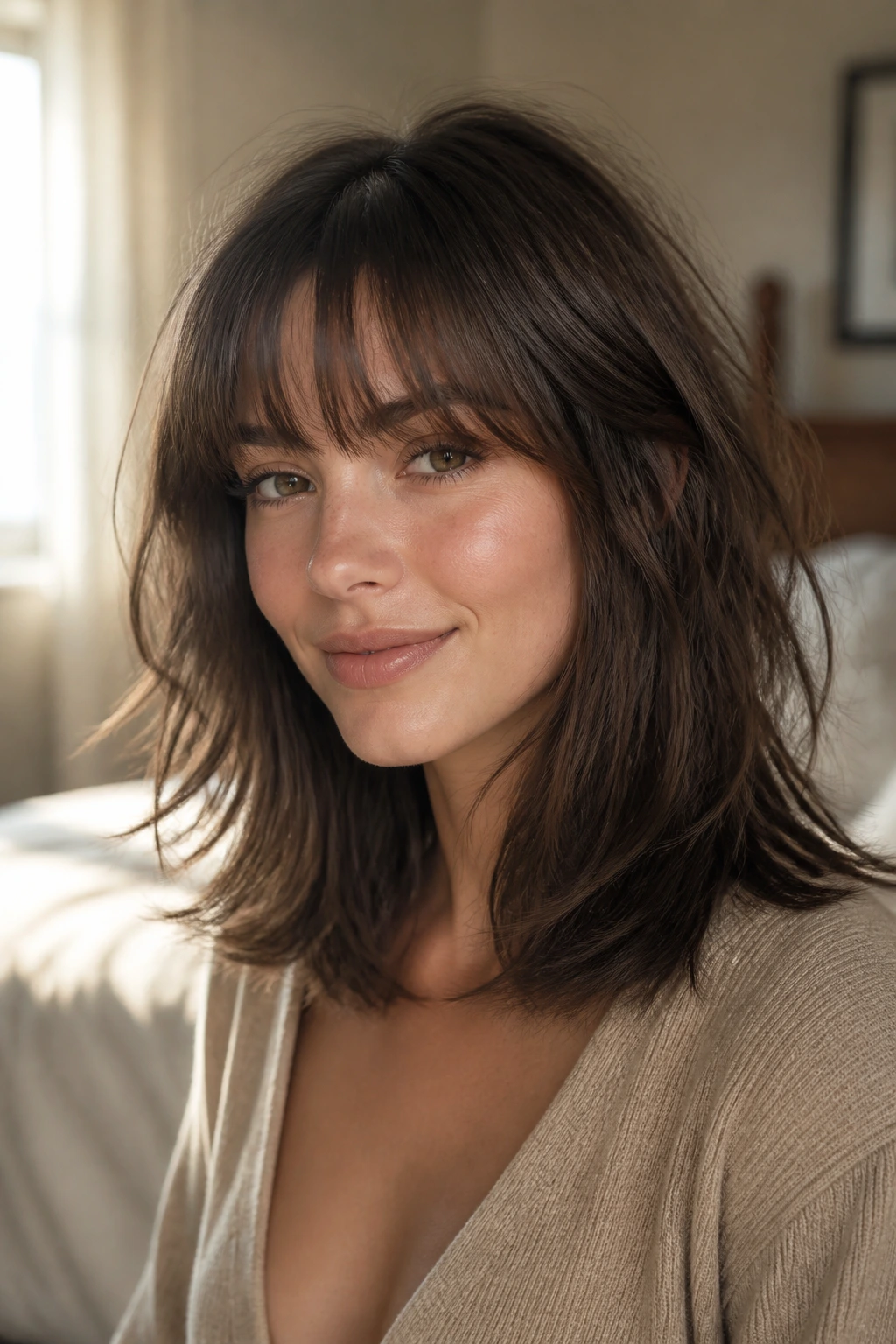 Close-up portrait of a woman with wispy bangs and thick mid-length hair