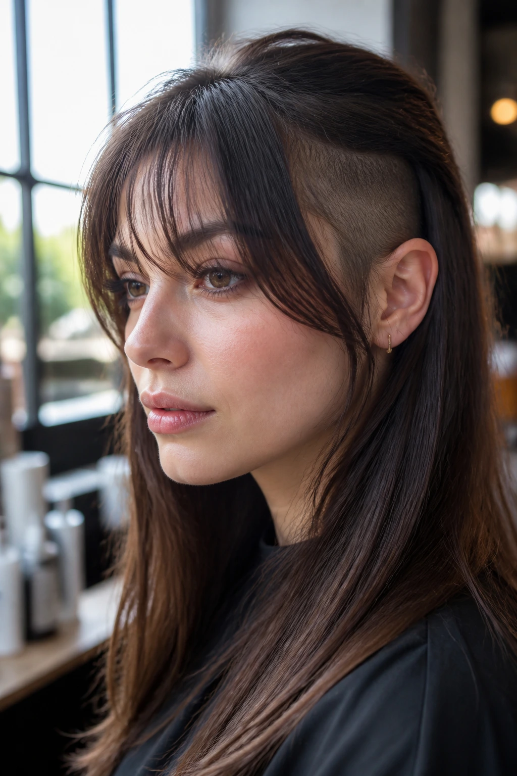 Close-up of wispy brows and hidden undercut bangs on a real woman