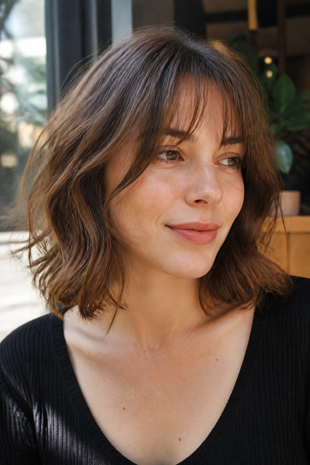 Close-up of real woman with wispy bangs on a wavy bob in soft daylight