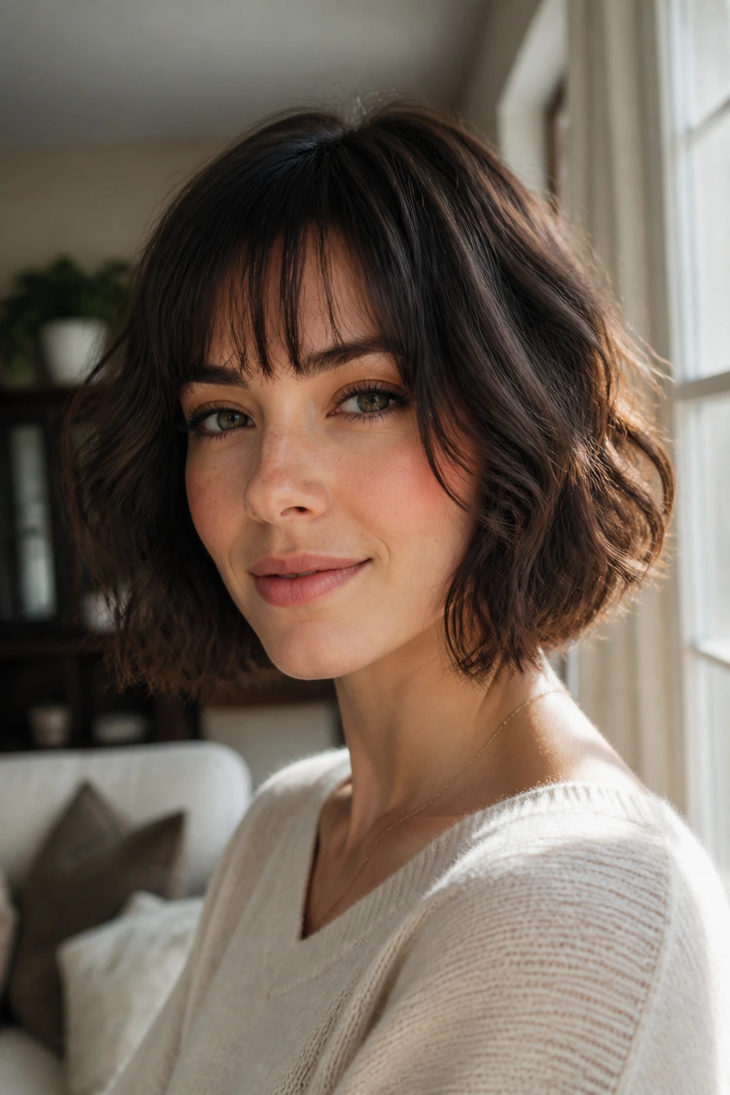 Portrait of a real woman with wispy bangs and a soft wavy bob.
