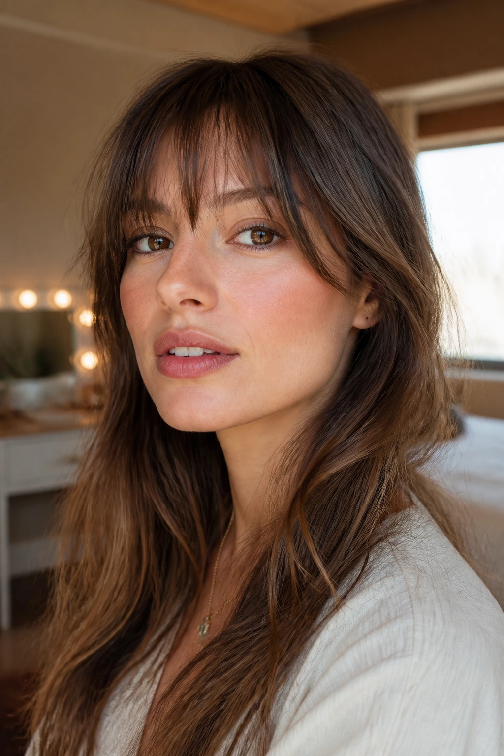 Close-up of a real woman with Wispy Birkin Bangs framing her eyes in warm window light
