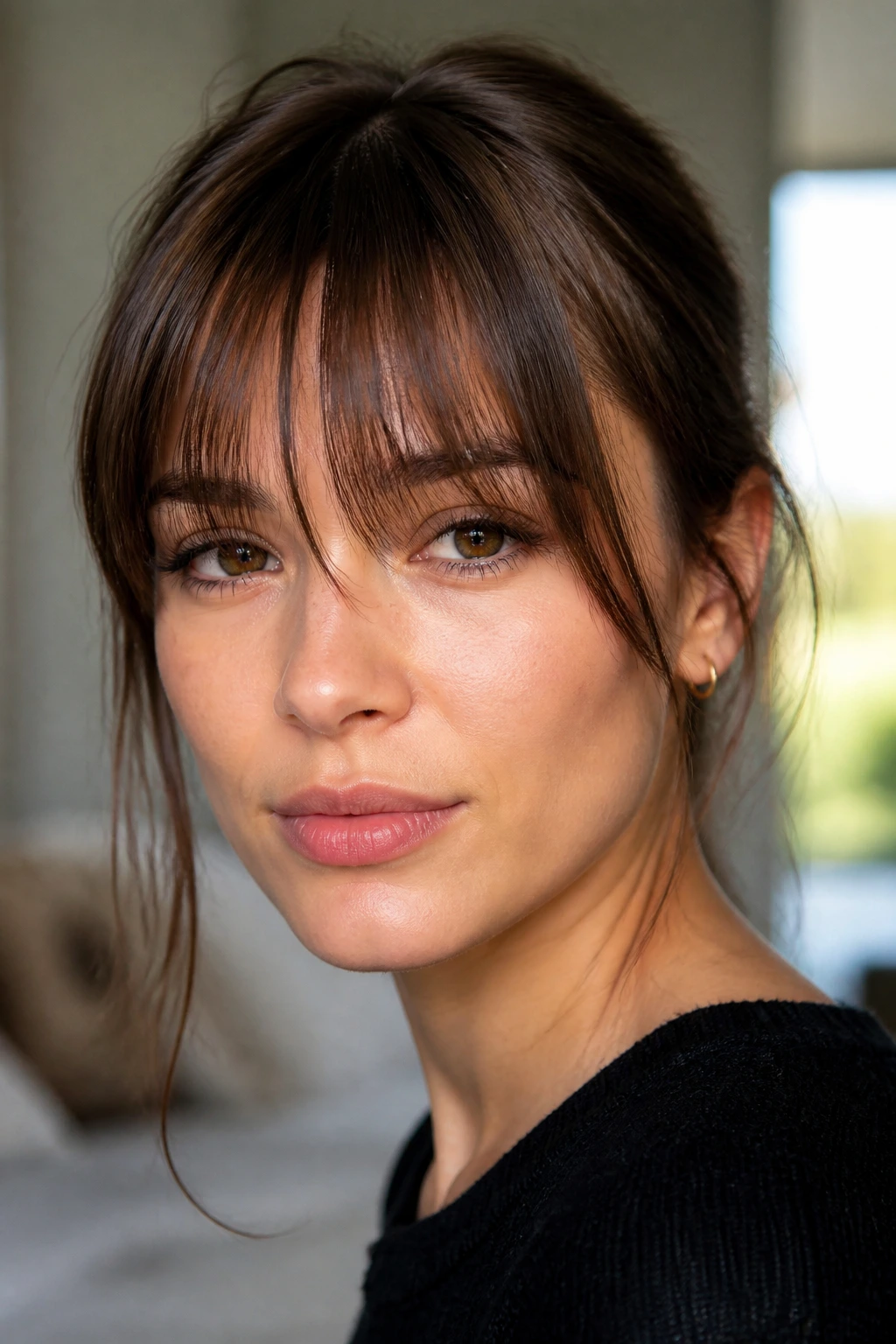 Woman with wispy Birkin bangs close-up