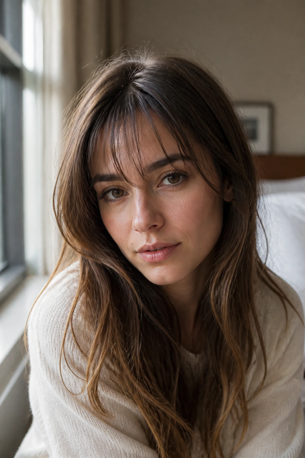 Close-up portrait of a real woman with wispy Birkin fringe by a sunlit window
