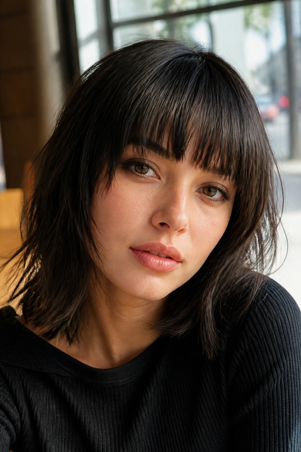 Portrait of a real person with blunt bangs and wispy textured ends in natural cafe light