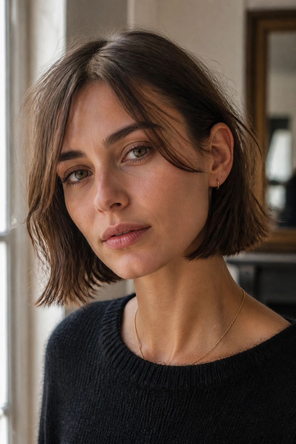 Close-up portrait of a real woman with wispy-layered jaw-length French Girl Bob showing natural texture