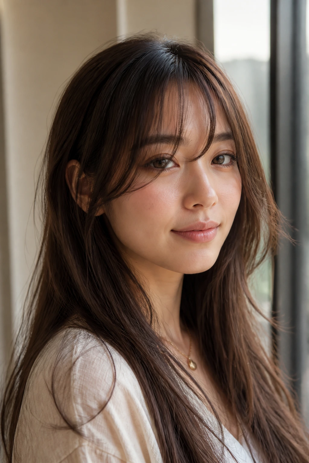 Close-up portrait of a real person with wispy bottleneck bangs in bright indoor light