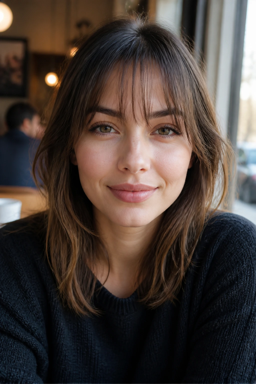 Close-up of a woman with wispy bottleneck straight bangs framing the face.