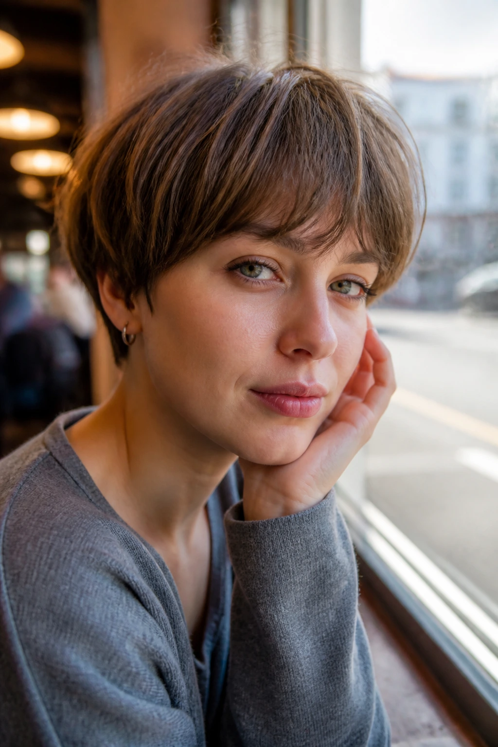 Close-up of real woman with wispy bowl cut and feathered perimeter.