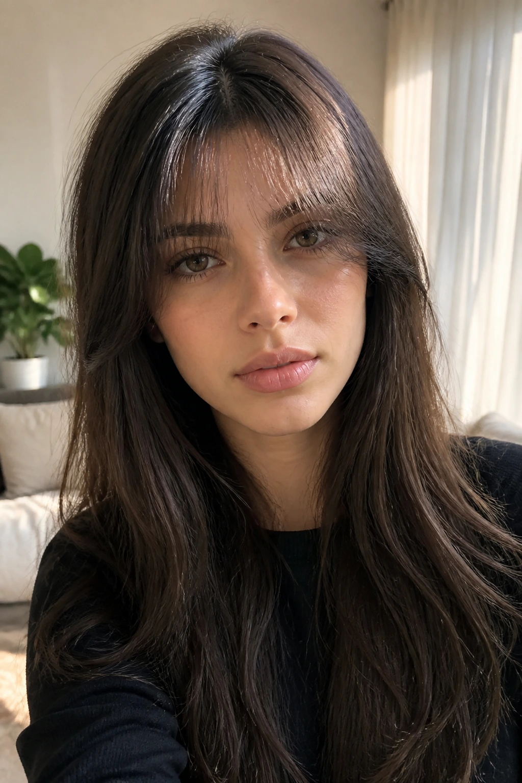 Close-up of a real woman with wispy center-split heavy bangs