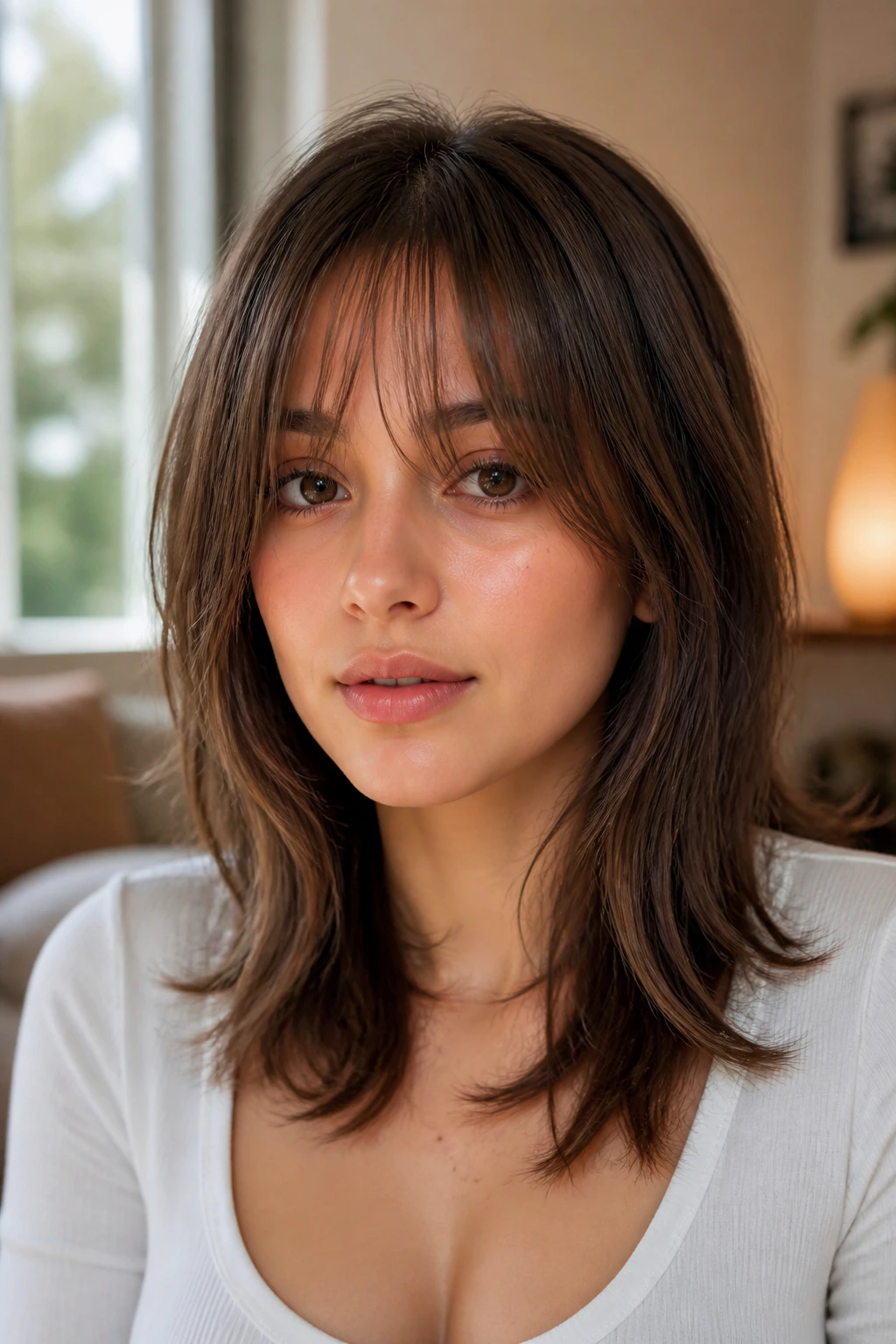 Portrait of a person with wispy centered feathered bangs