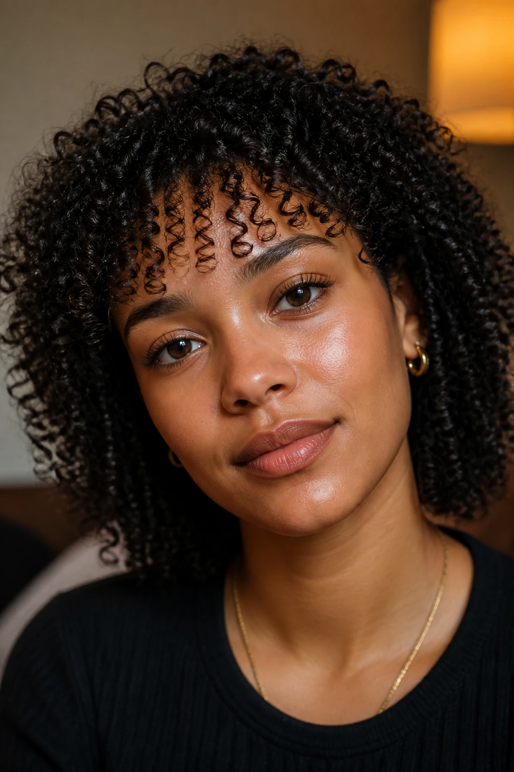 Close-up of a real person with wispy micro coils on the forehead