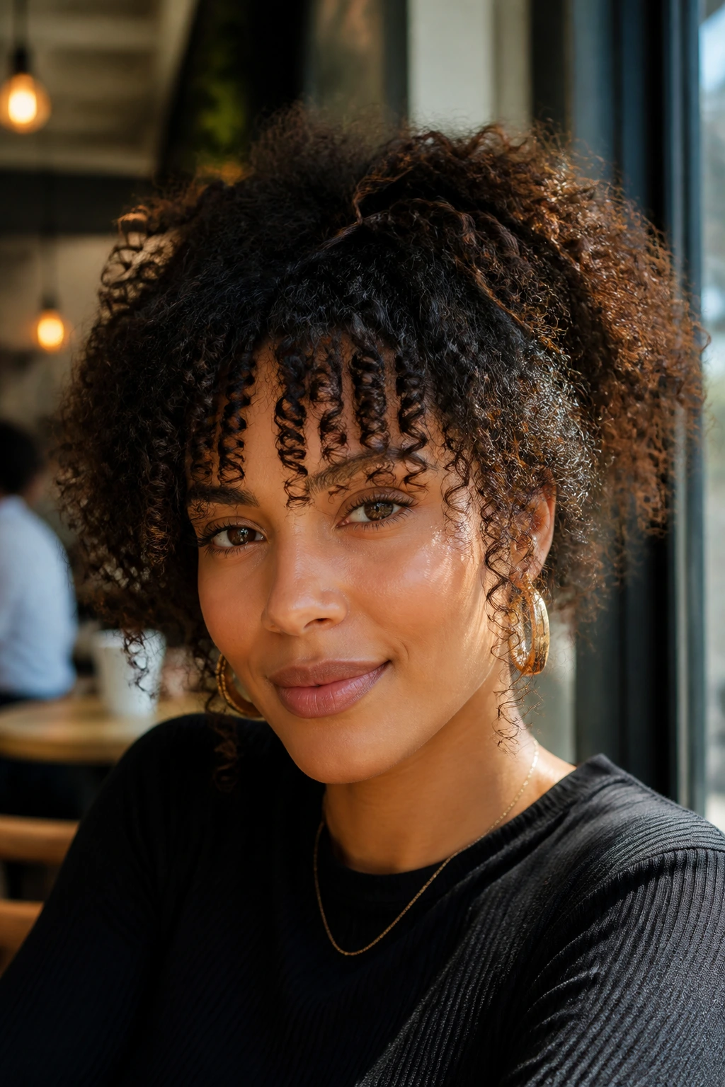 Close-up portrait of a real person with wispy coily fringe framing the face