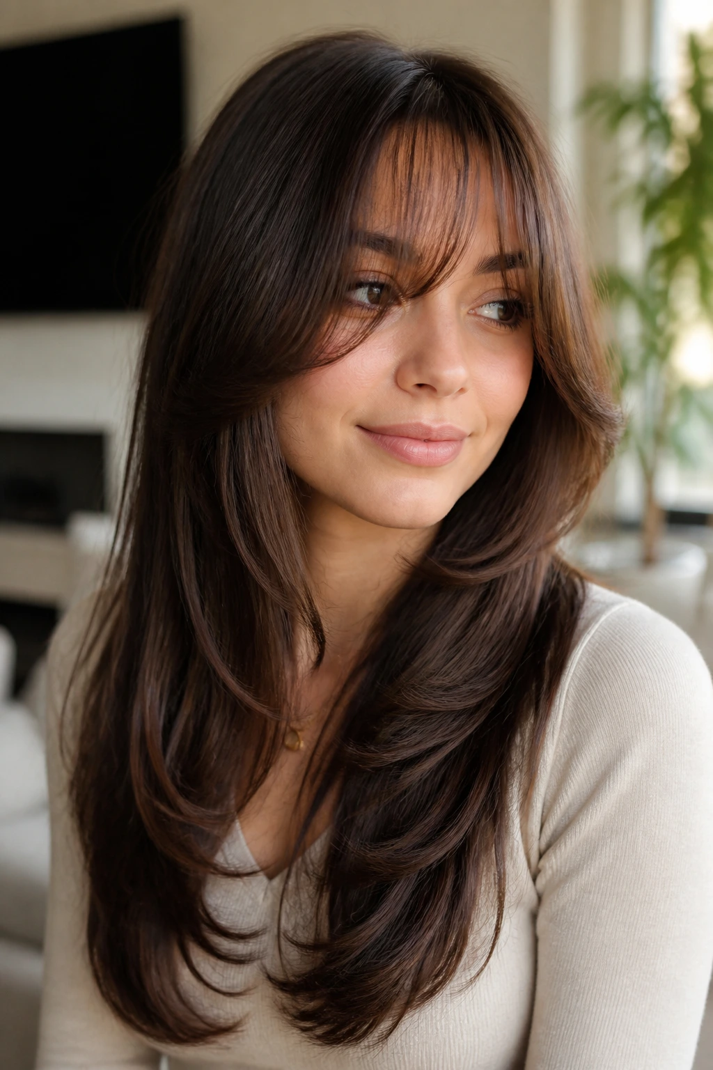 Real woman with wispy crescent bangs and internal layers in a warm living room setting