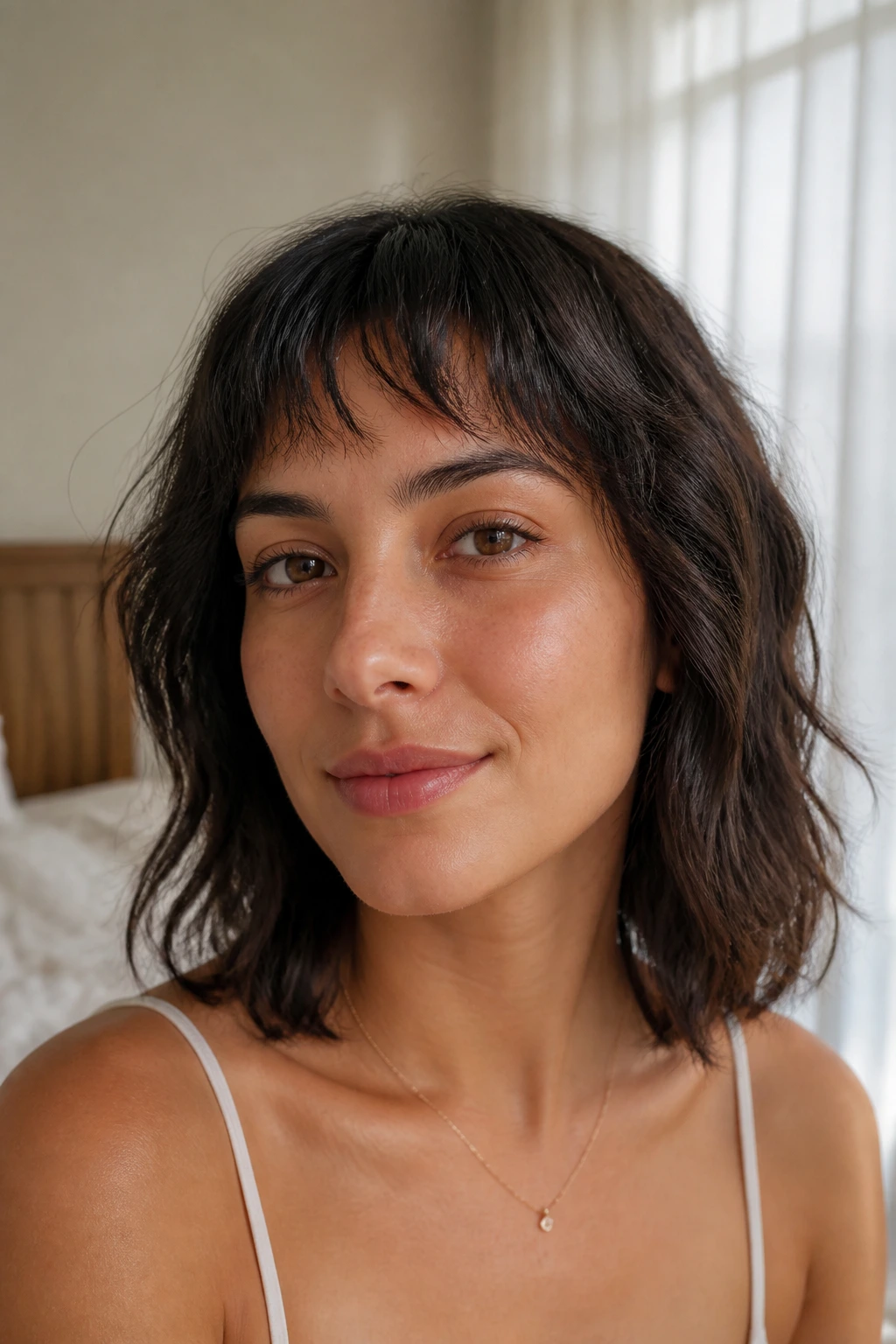 Portrait of a real woman with Wispy Crescent Choppy Bangs; center is shorter and crescent-curved toward cheeks.