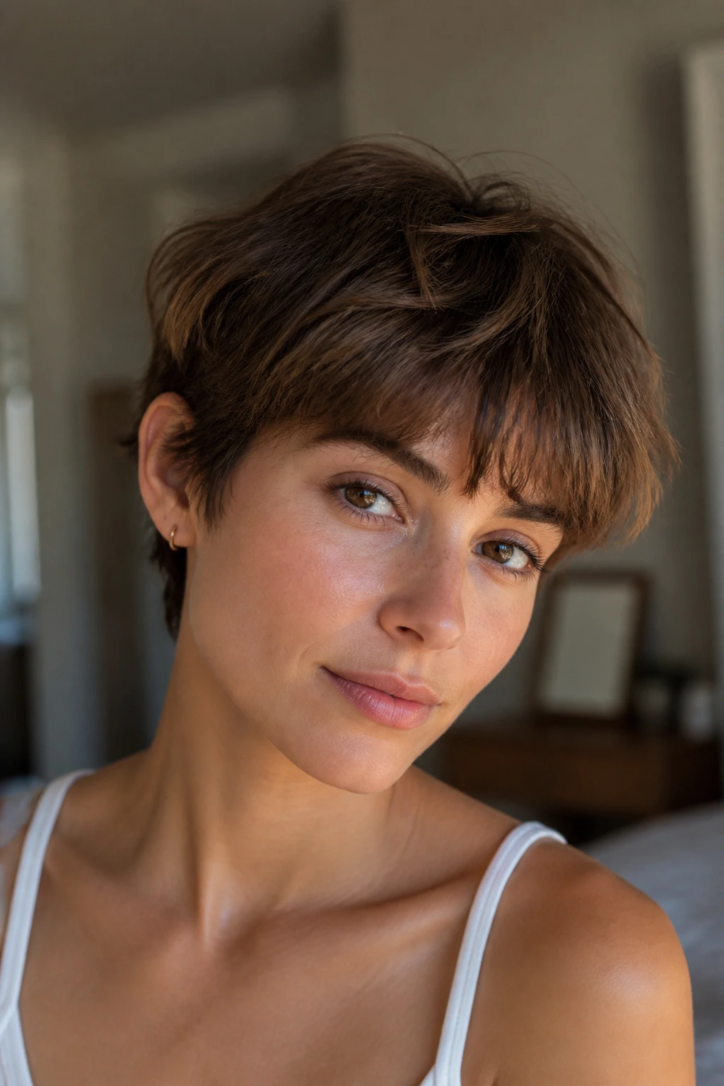 Close-up portrait of a woman with a wispy crop and feathered fringe