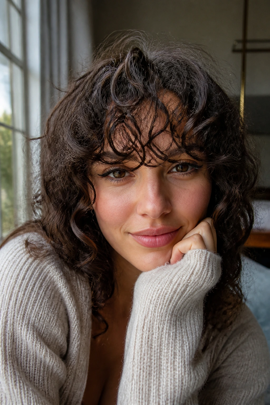 Close-up portrait of a real person with wispy curly bangs