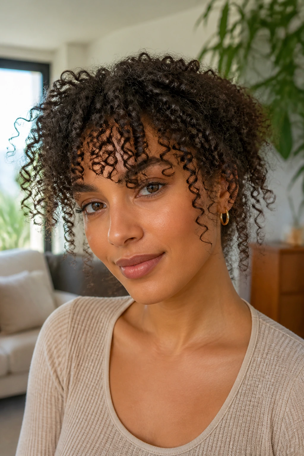 Close-up of a real person with wispy curly coils framing the forehead