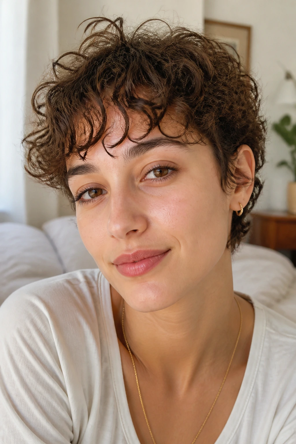 Close-up of a person with wispy curly crop and piece-y fringe