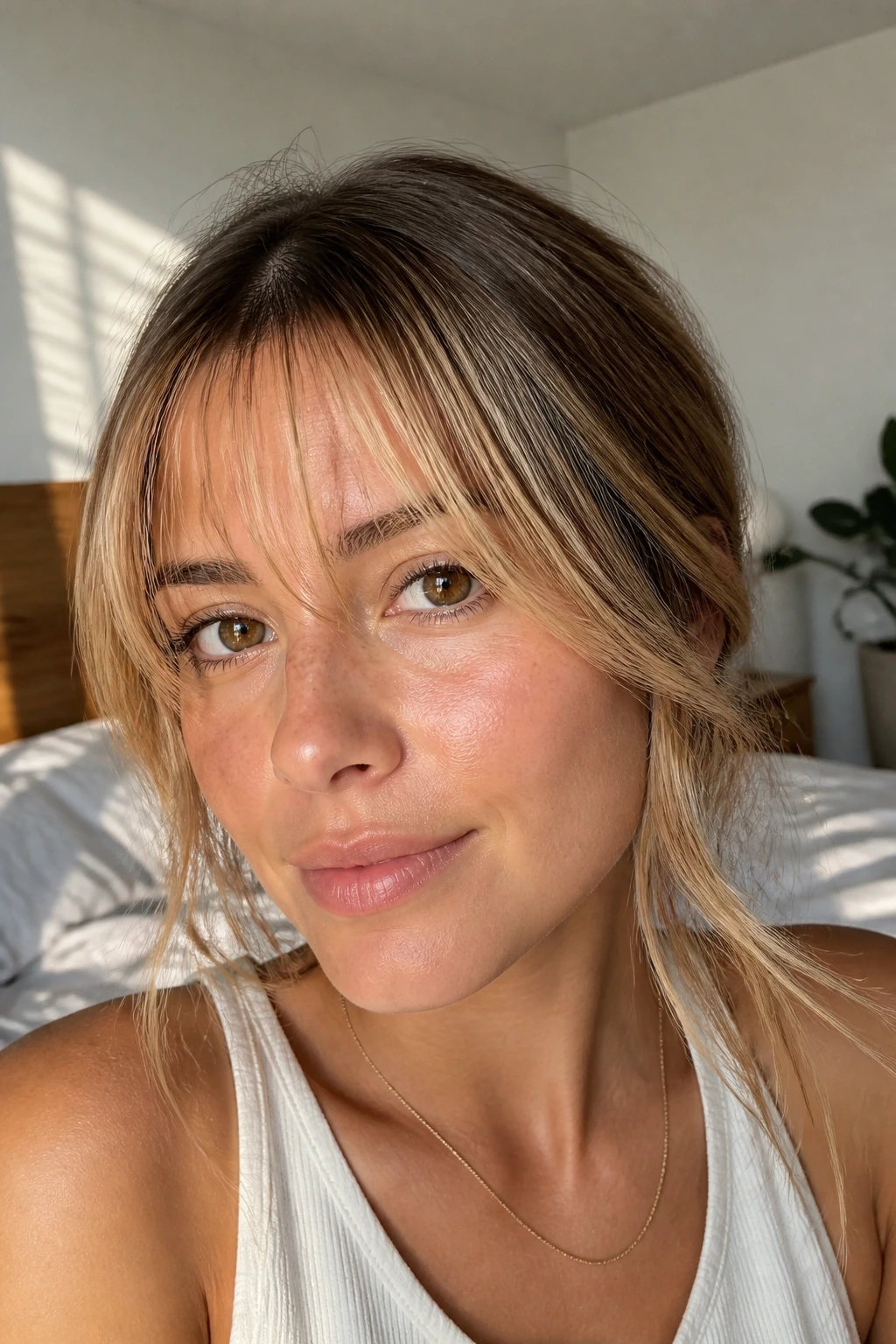 Close-up of Thin Wispy Curtain Bangs in Golden Honey on a real person