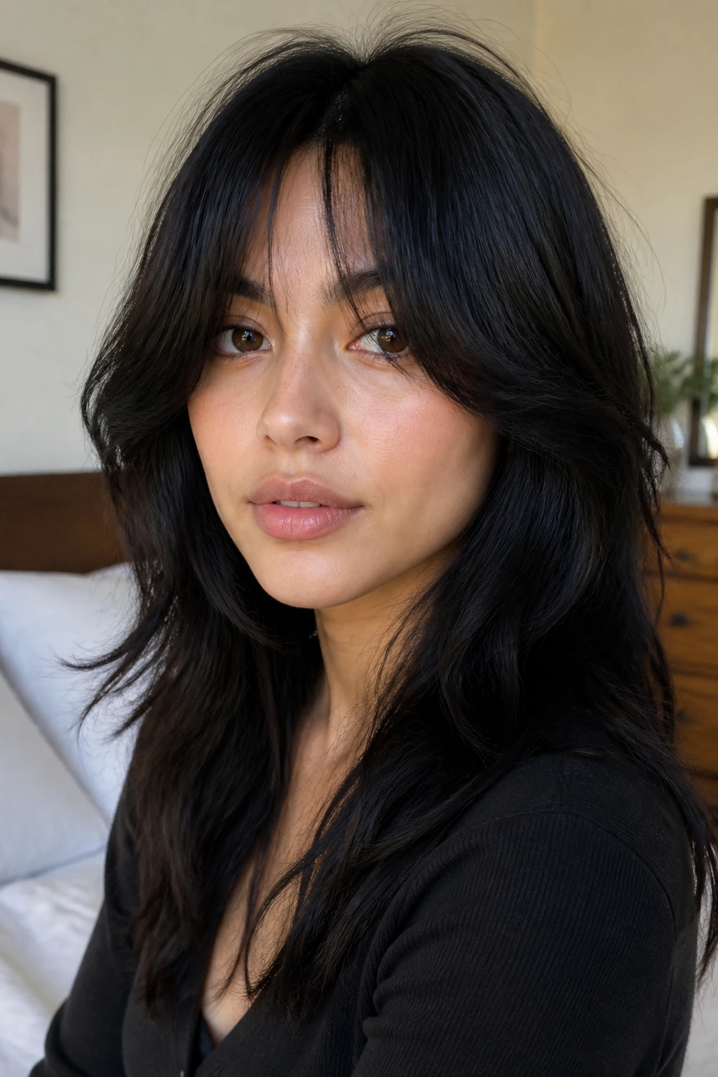 Close-up of a real woman with wispy curtain bangs on a long shag in natural bedroom light