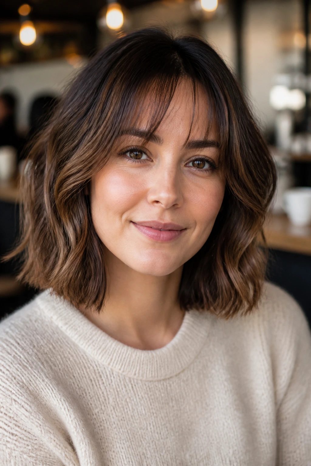 Portrait of a real woman with wispy curtain bangs and a midi bob in warm cafe light.