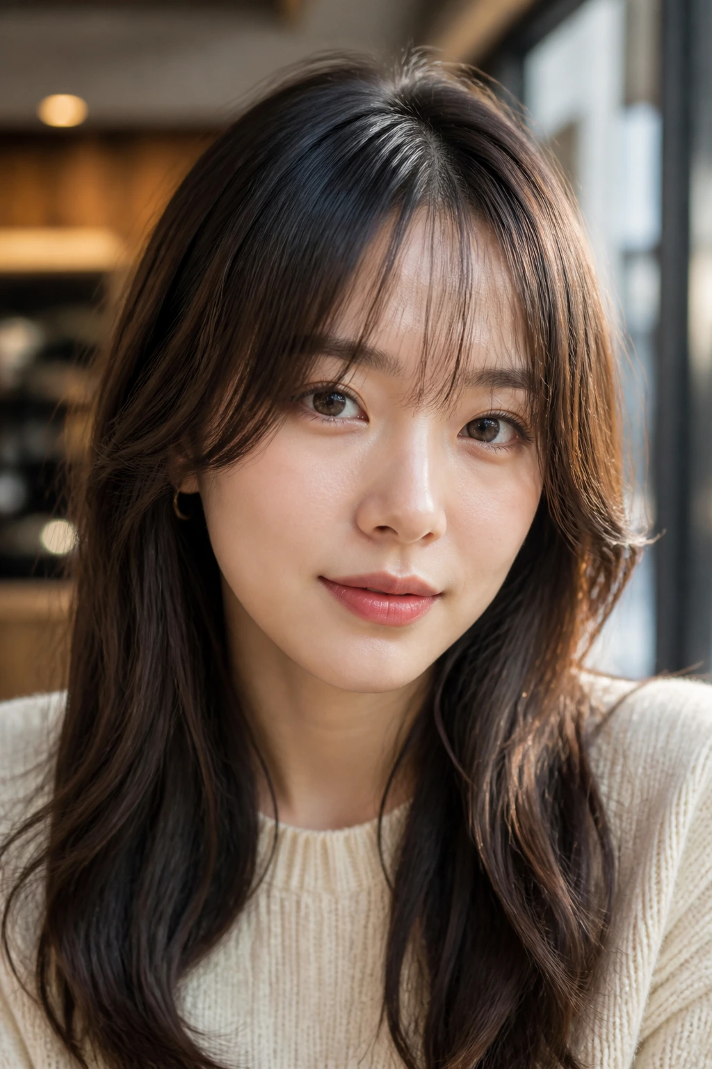 Close-up of a real woman with wispy center and curtain-like side bangs in cafe light