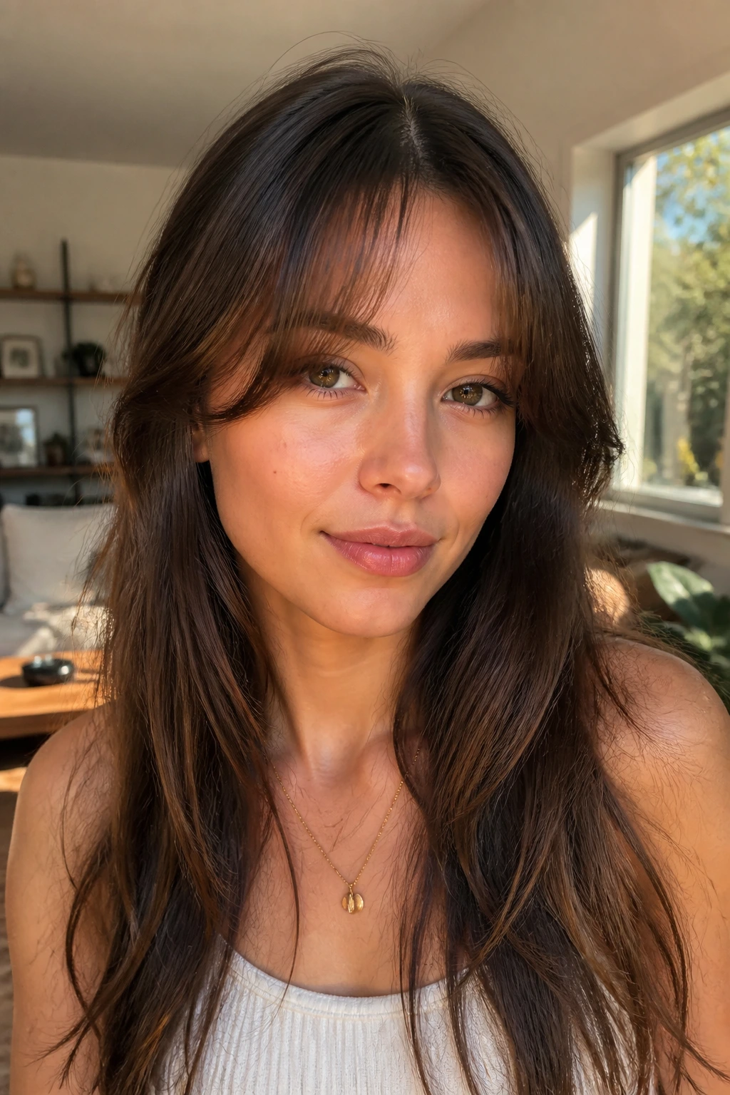 Real-person portrait with wispy curtain bangs in sunlit living room