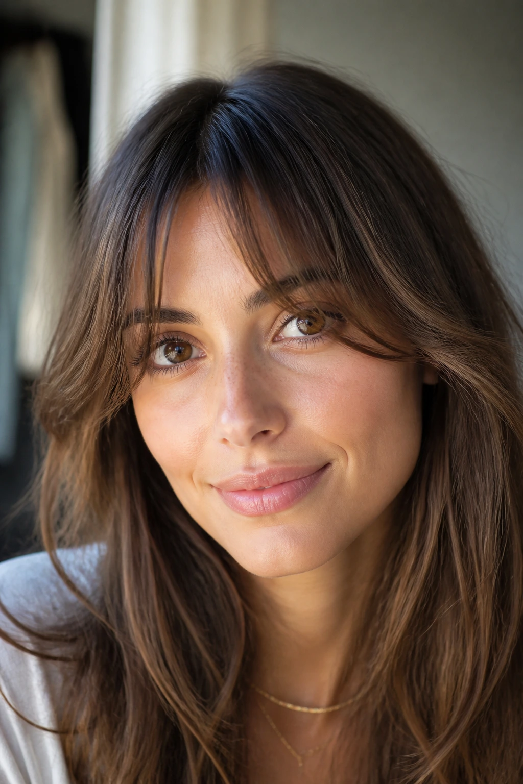 Portrait of a woman with wispy curtain bangs