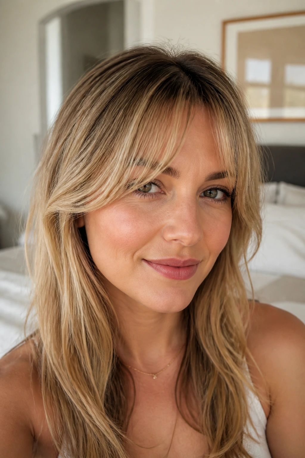 Close-up portrait of a woman with wispy curtain bangs by a window