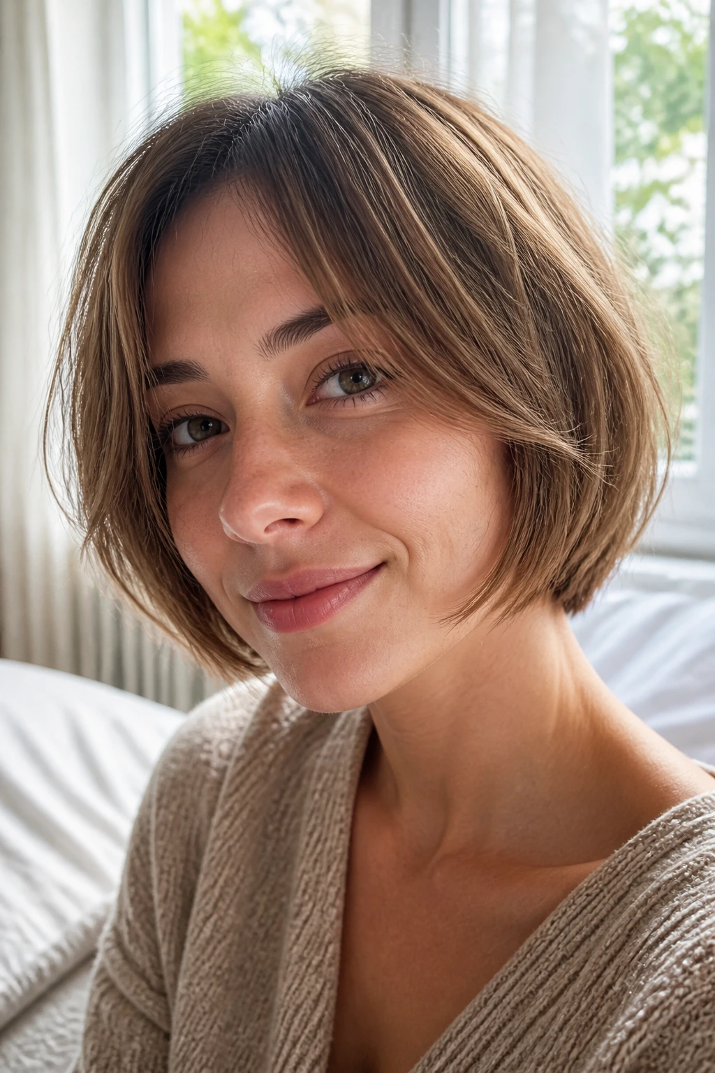 Close-up portrait of a real woman with wispy-end bob in a softly lit bedroom.