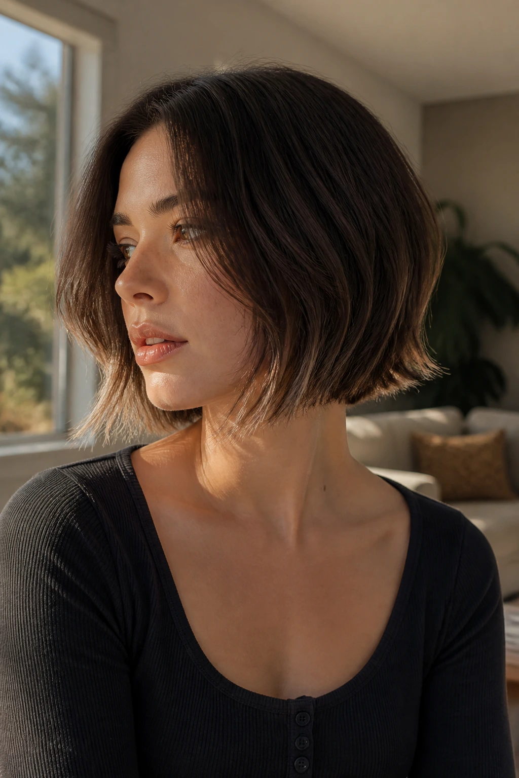 Close-up portrait of a real woman with a wispy-end bob and airy tapered ends in warm window light