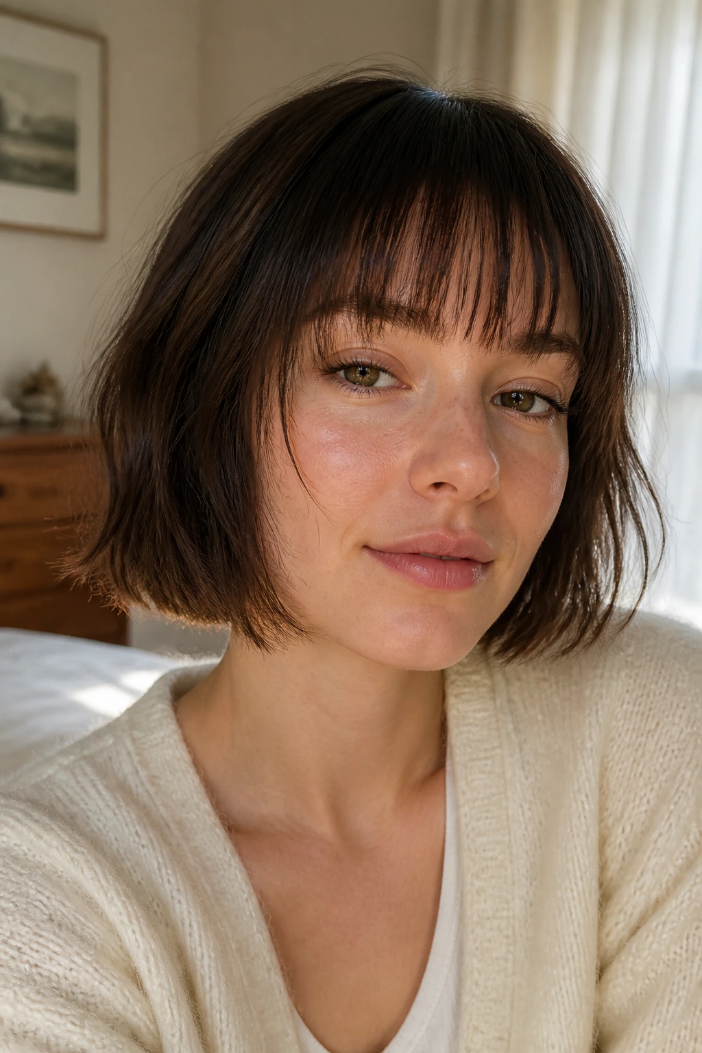 Close-up portrait of a real woman with a wispy-end bob and straight across bangs.