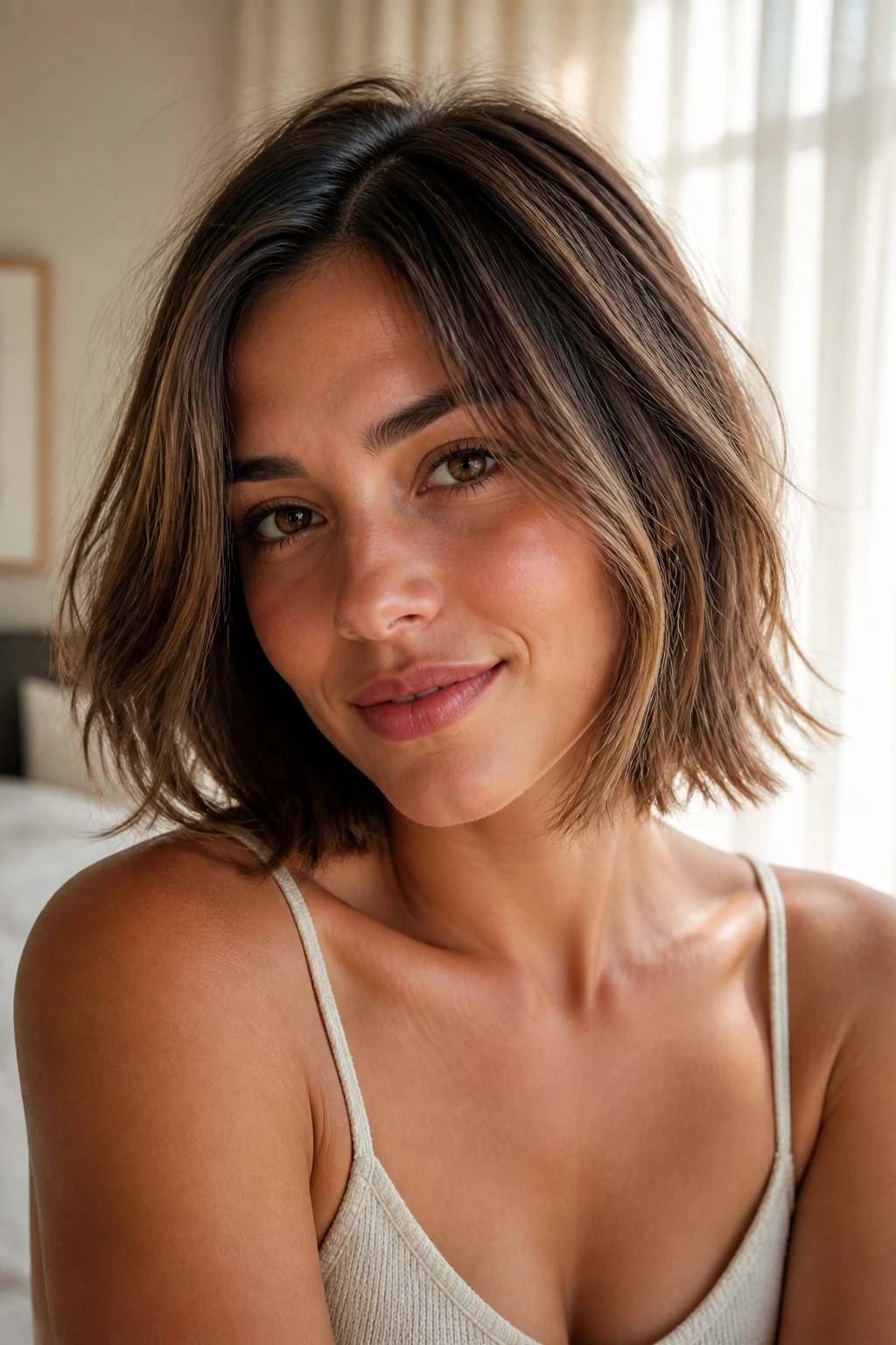 Close-up of a real woman with wispy-end medium bob showing delicate, airy ends