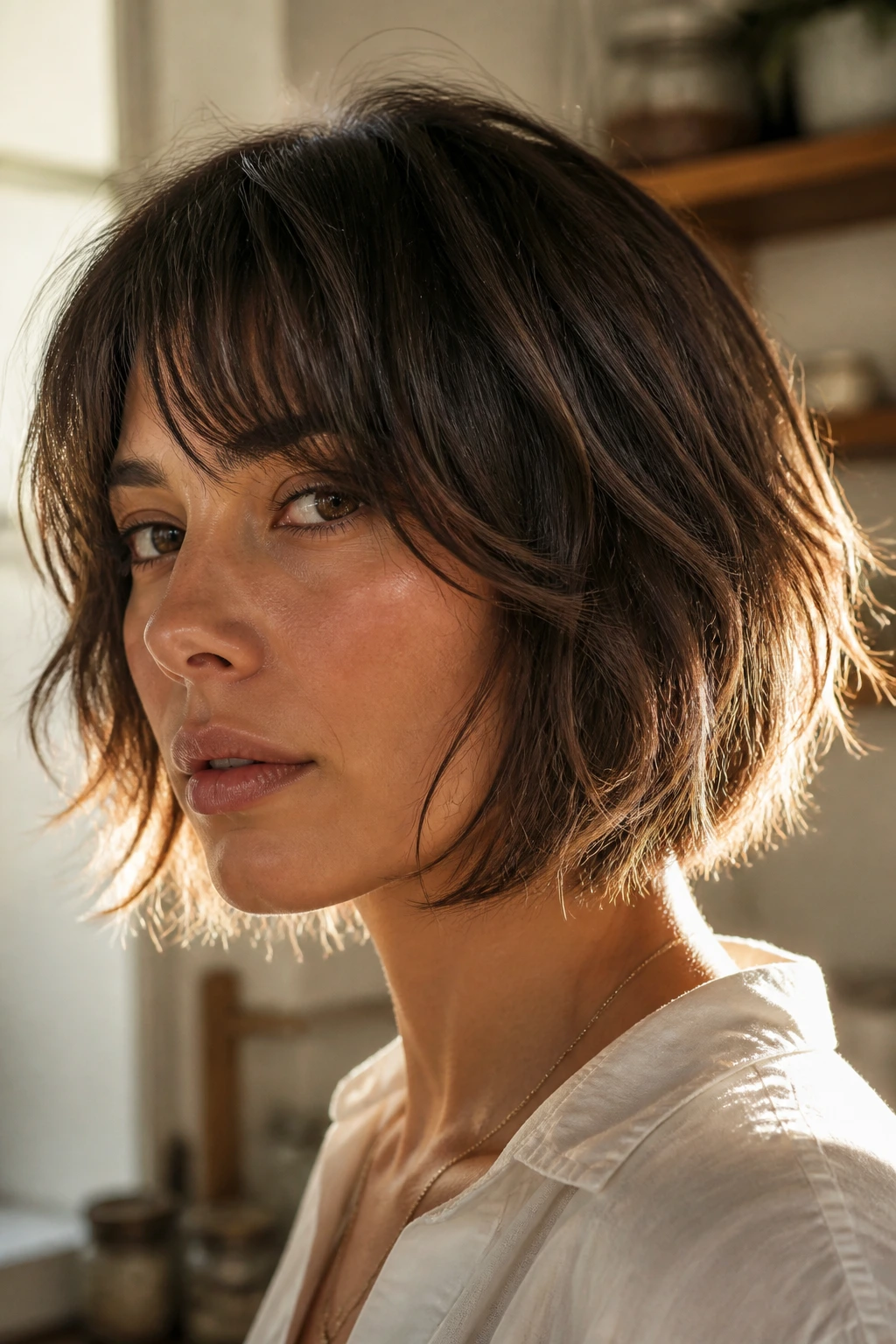 Close-up of a real woman with wispy-end bob and feathered ends in warm light