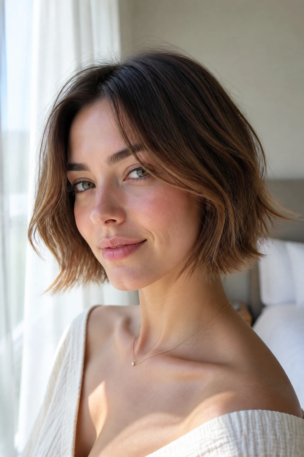 Close-up of a real woman with a wispy-end bob.